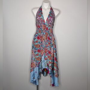 Wevez Blue Purple Red Paisley Floral Silk Tie Halter V Neck Handkerchief Dress